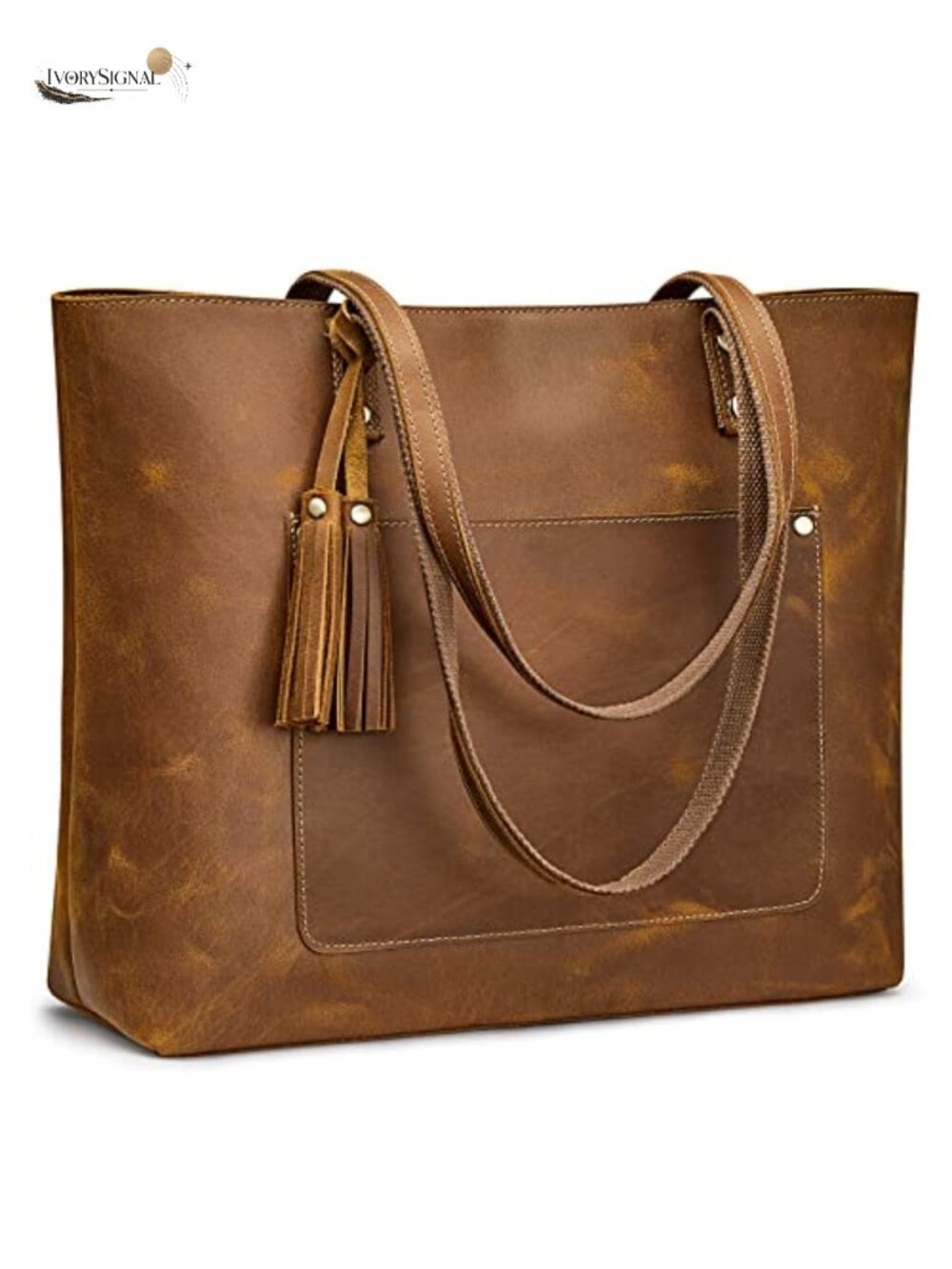 Vintage Large Leather Tote Bag Women Work Handbag Tassel